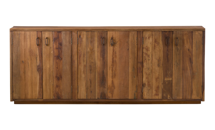 Wooden sideboard with a rustic finish on a white background